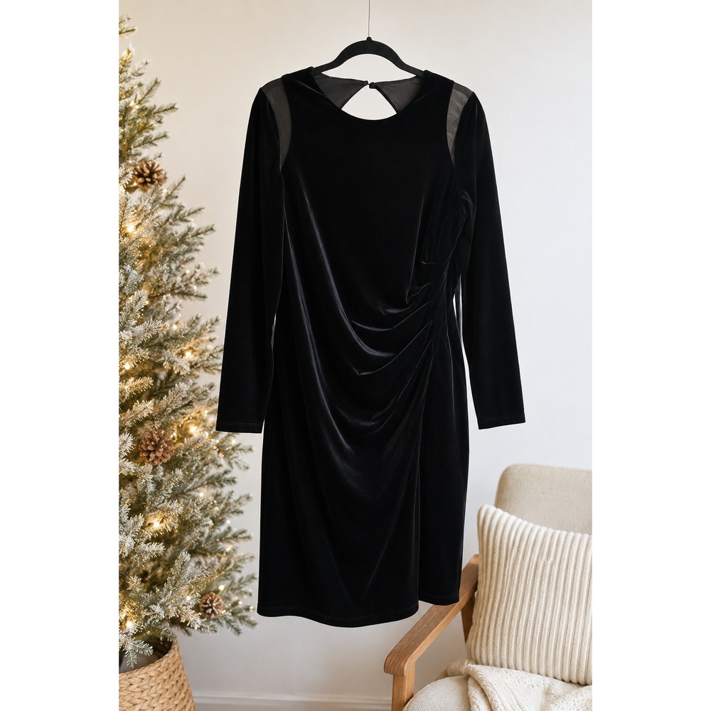 Lauren Ralph Lauren Black Velvet Dress 14 Mesh Cutouts Open Back Ruched Waist